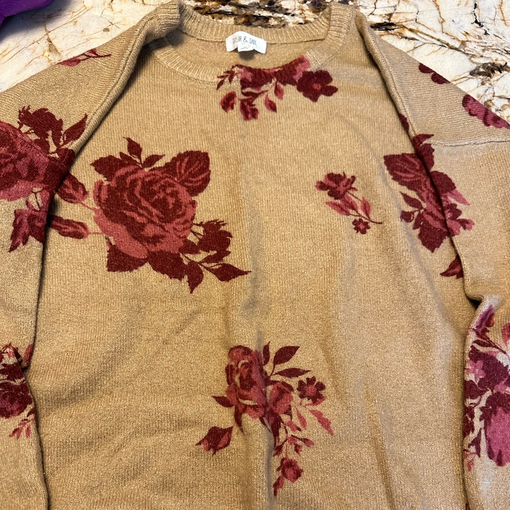 Taylor & Sage Beige Sweater with Burgundy Floral Accents